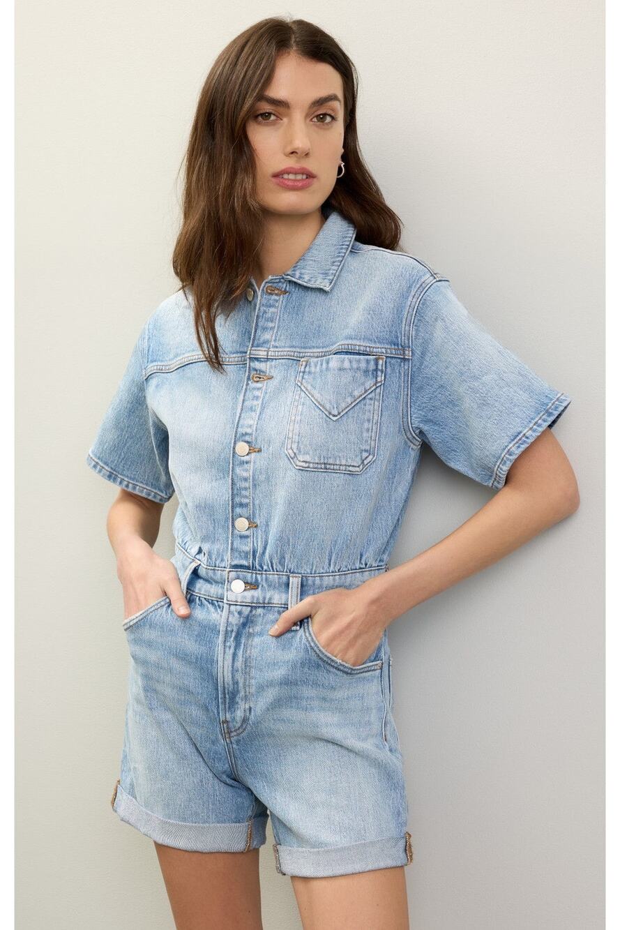 Hudson Sz 28 Denim Blue Jean Short Sleeve Button Front Romper
